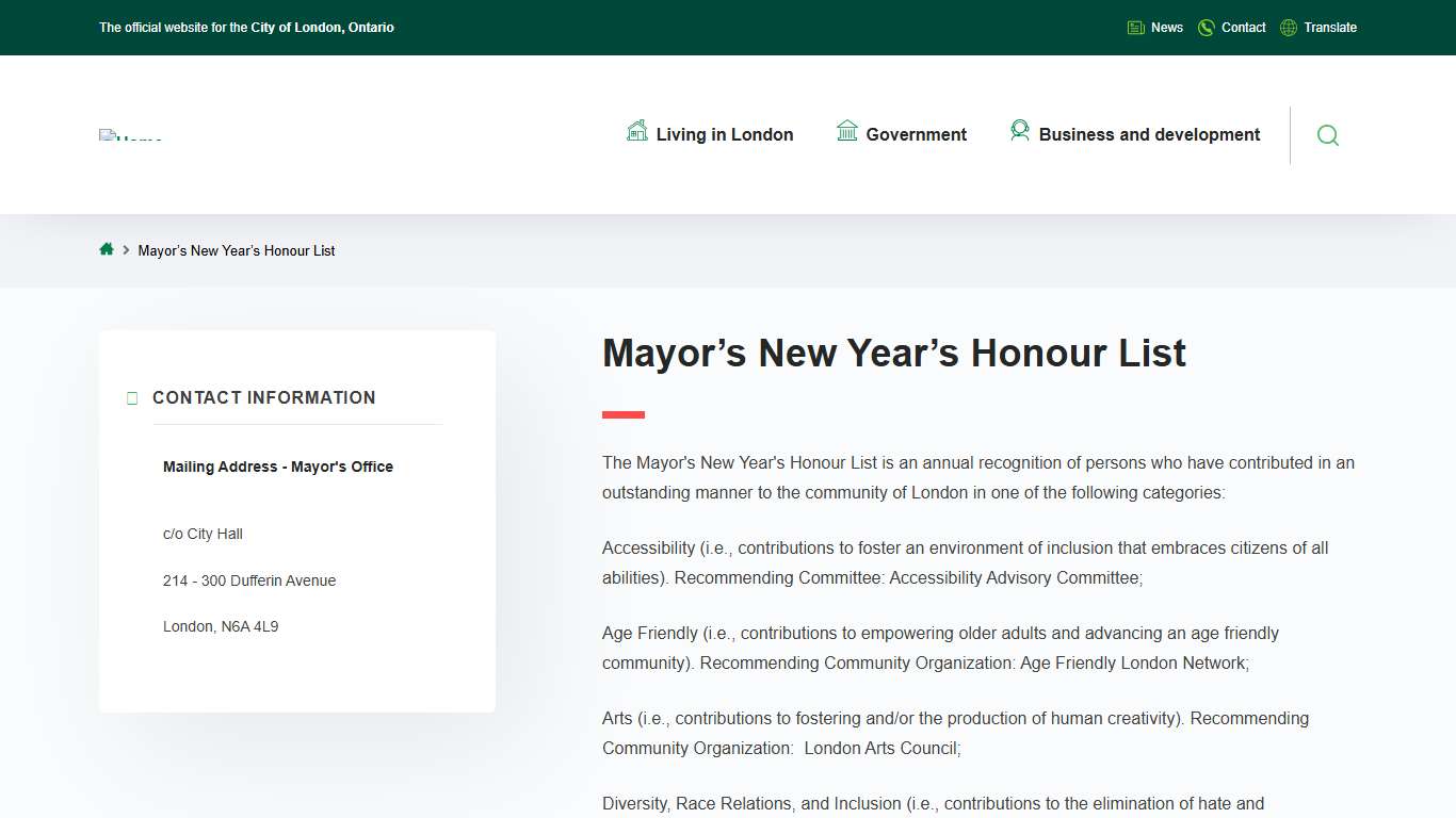 Mayor’s New Year’s Honour List City of London
