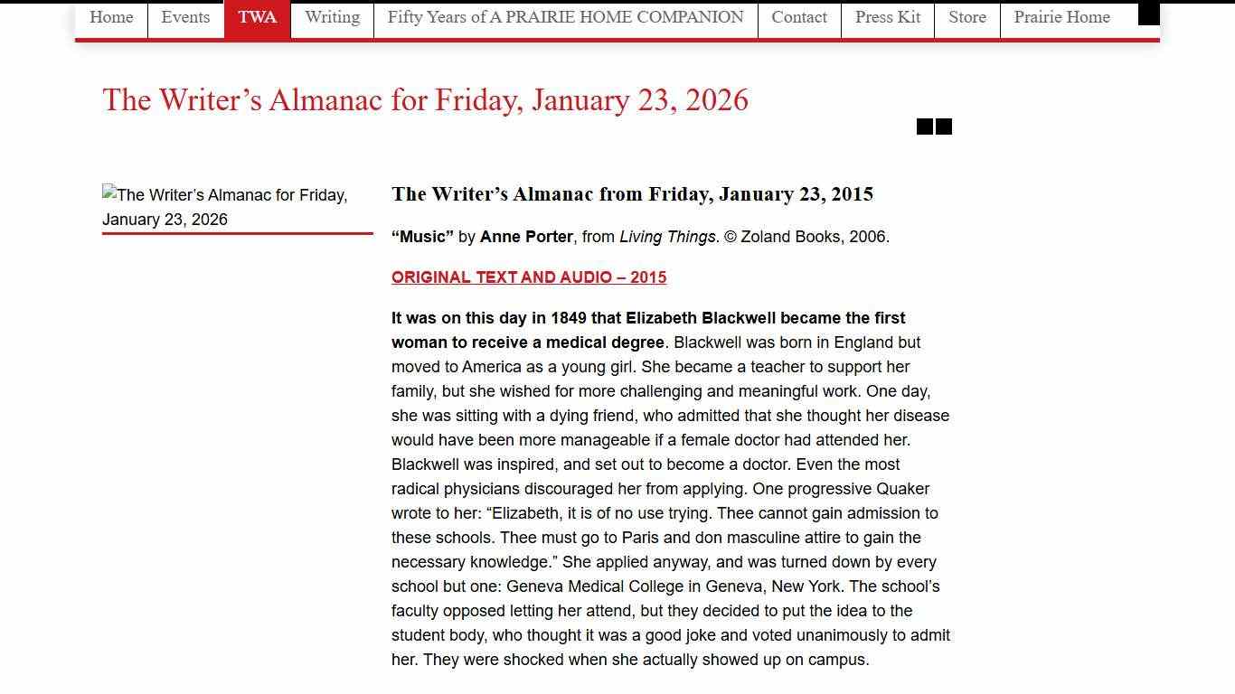 The Writer's Almanac for Friday, January 23, 2026 Garrison Keillor