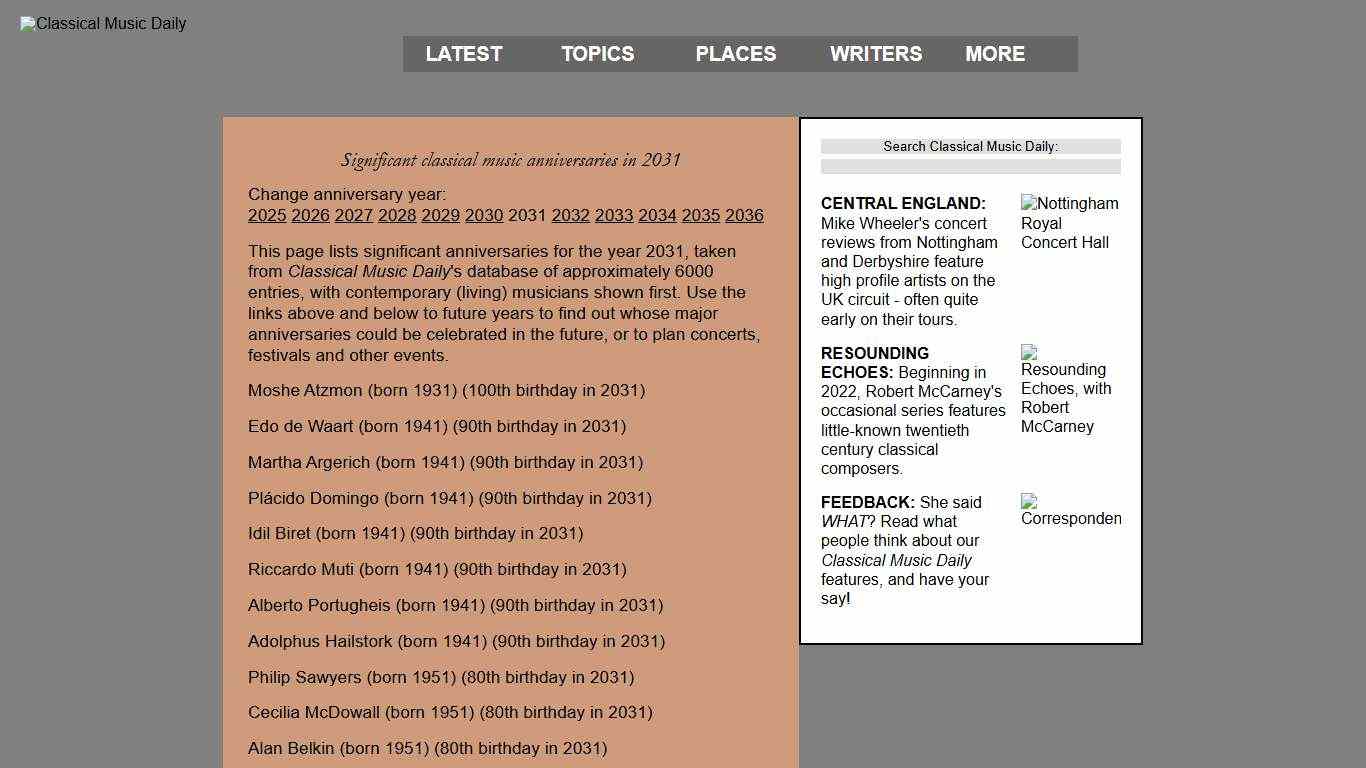 Significant classical music anniversaries in 2031